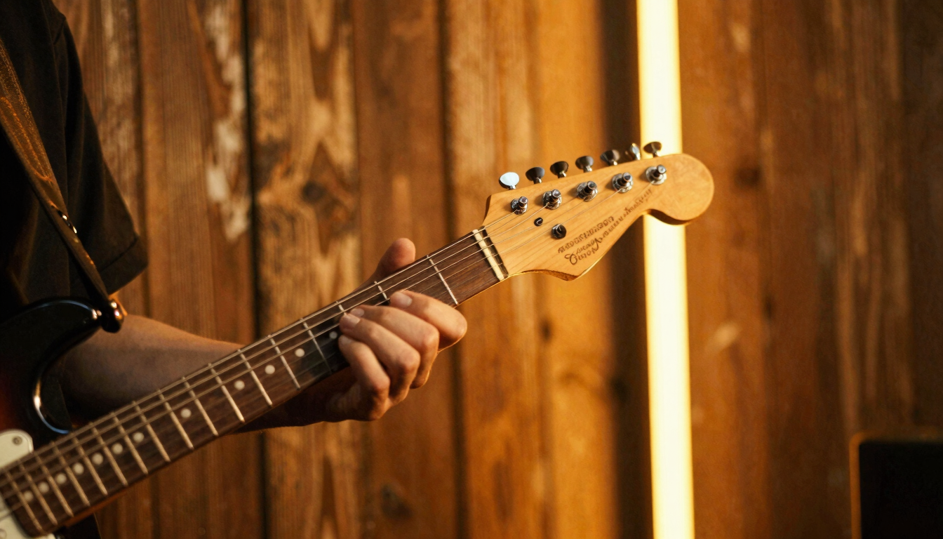 Close-up of an electric guitar neck and hands playing under warm amber stage lights, weathered wooden background, shallow depth of field, 35mm film.