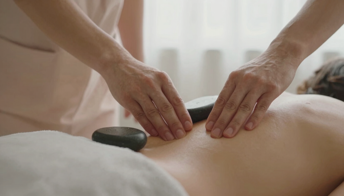 Close-up of professional hands performing a massage with warm stones on a clean, linen-covered back, soft diffused window light, warm sandy tones, shallow depth of field, 35mm