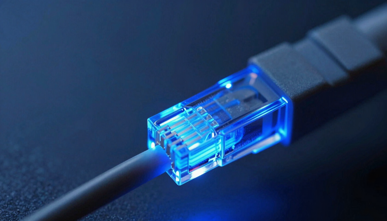 Macro shot of network fiber optic cables glowing with sharp cobalt blue light, clean technical layout.