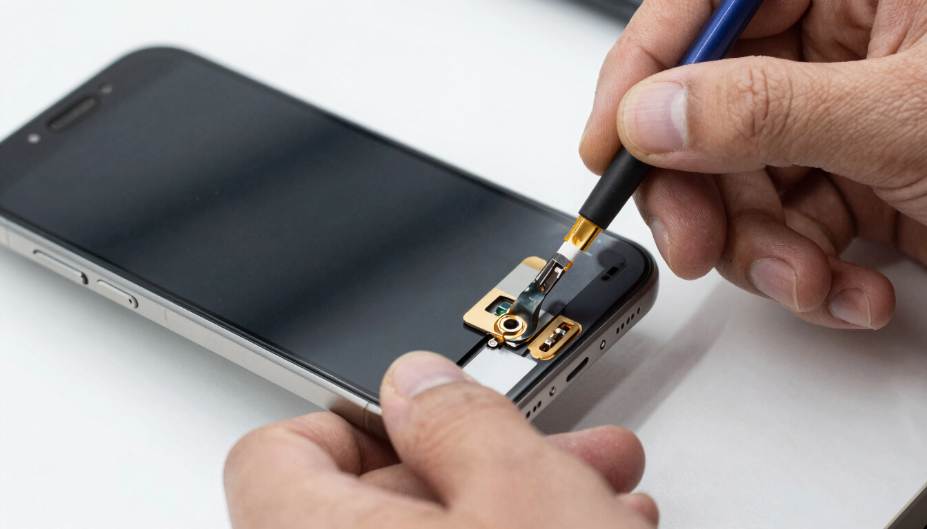 Close-up macro shot of a technician carefully replacing a mobile phone screen under bright neutral workshop light, shallow depth of field, 50mm