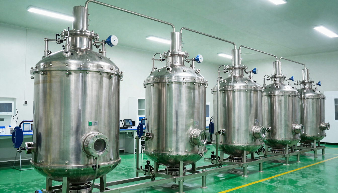 Wide shot of modern stainless steel chemical reactors in a brightly lit, clean Egyptian manufacturing facility, clinical green accents, sharp focus.