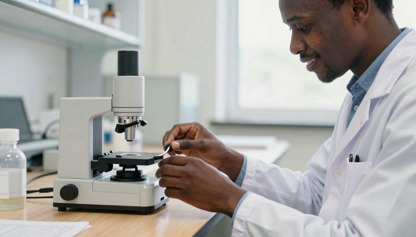 A close-up of a Guinean researcher in a bright, naturally lit laboratory, adjusting a prototype device on a wooden workbench, shallow depth of field.