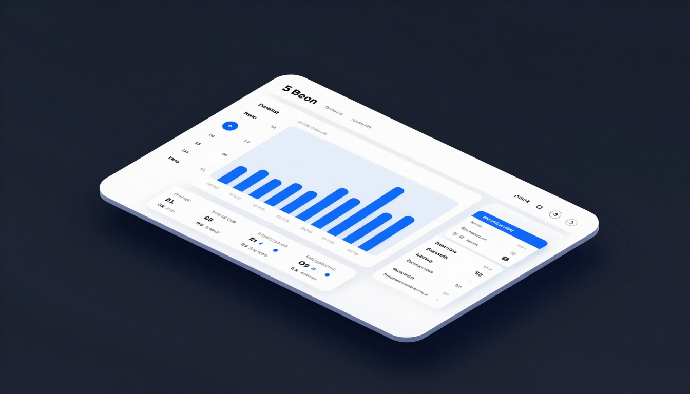 High-fidelity UI mockup of a clean analytics dashboard with electric blue data graphs, dark slate background, cool studio lighting