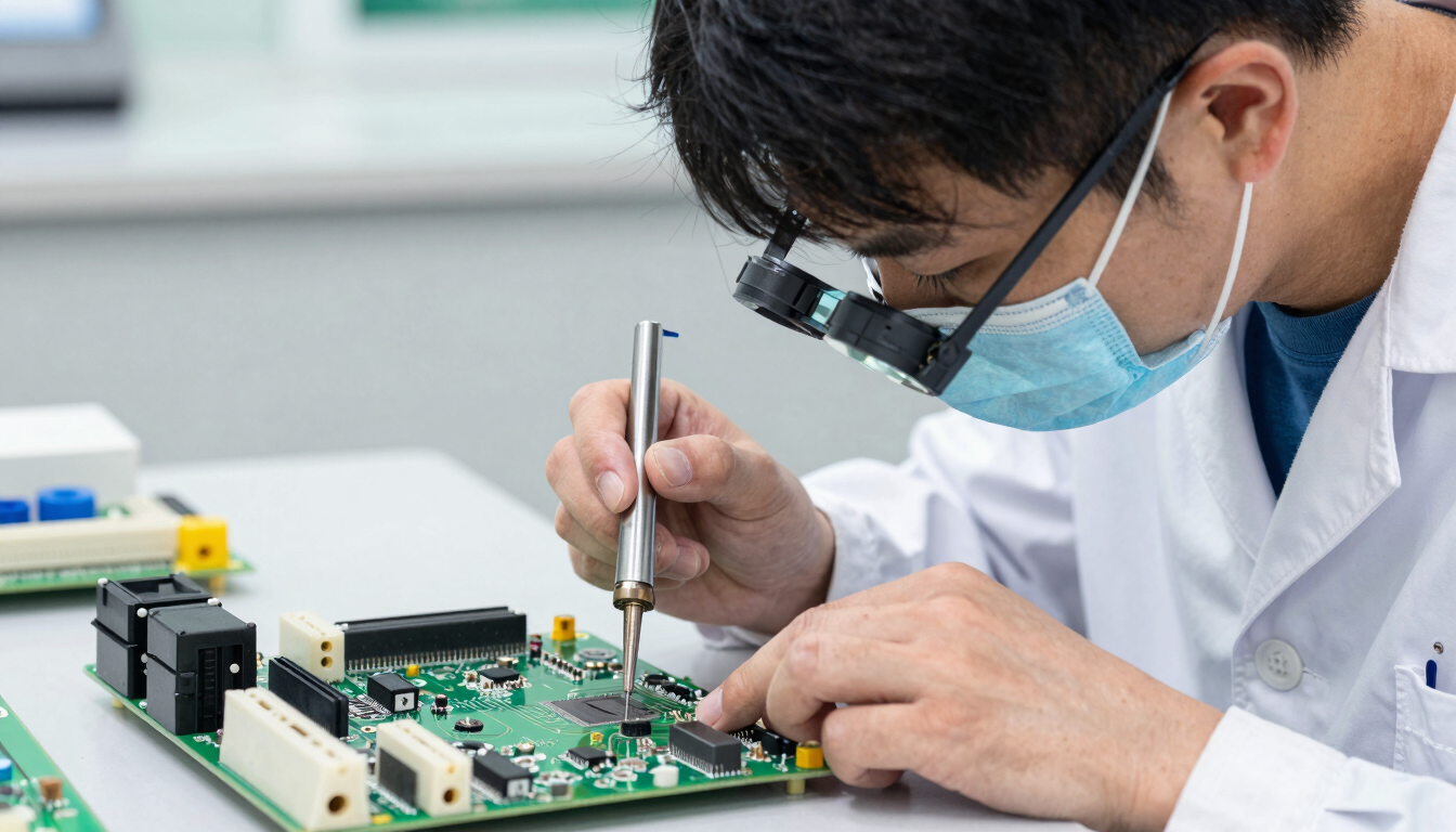 A professional technician in a clean uniform carefully soldering a green circuit board under a magnifying glass, bright clear daylight, highly detailed technical work.