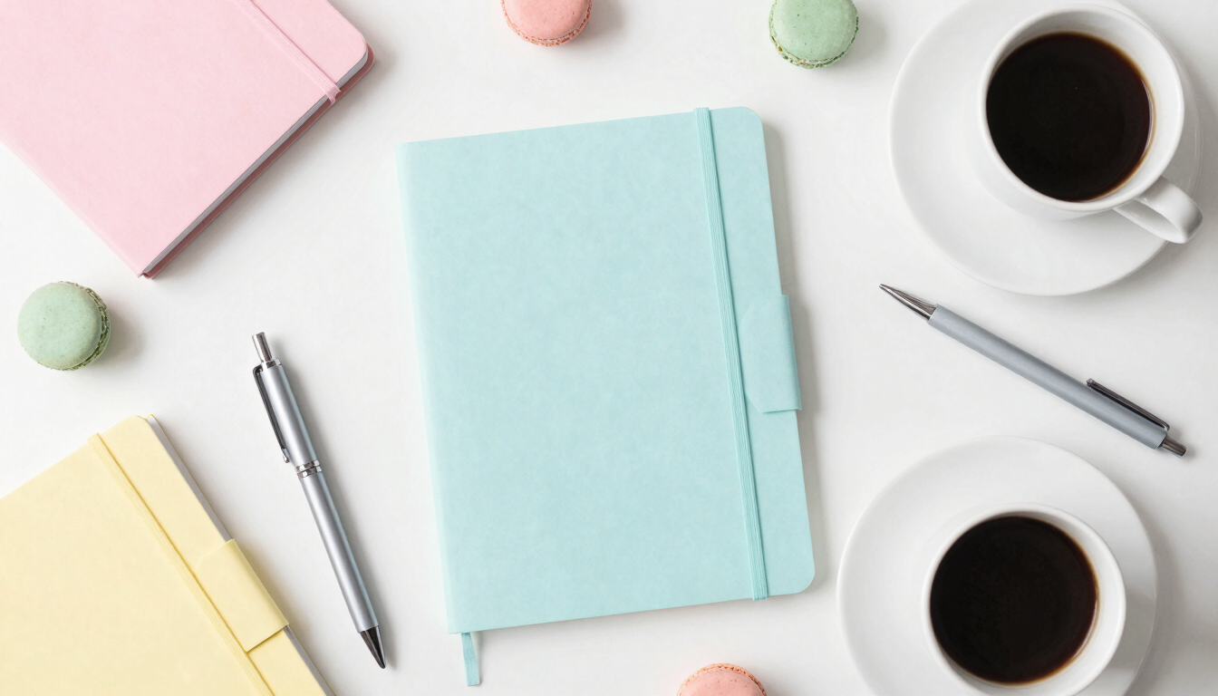 Airy minimalist overhead flat-lay of colorful pastel notebooks, neat pens, and a coffee cup on a clean white desk, soft diffused daylight, 35mm lens