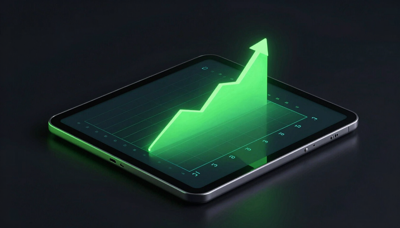 Sleek 3D digital render of a tablet displaying growth charts, neon green glow on dark background, isometric view, studio lighting