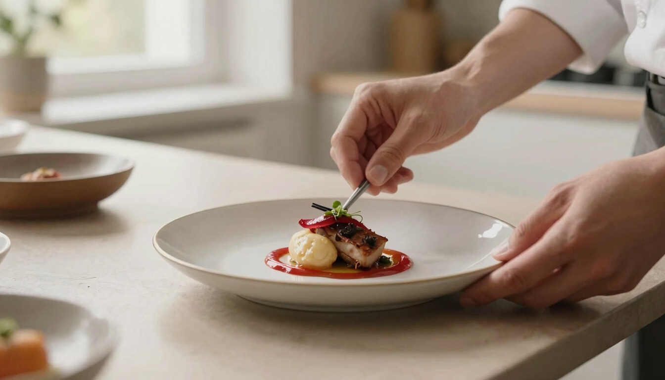 Hands of a chef plating a delicate dish in a bright, modern Scandinavian kitchen, warm natural light, organic textures