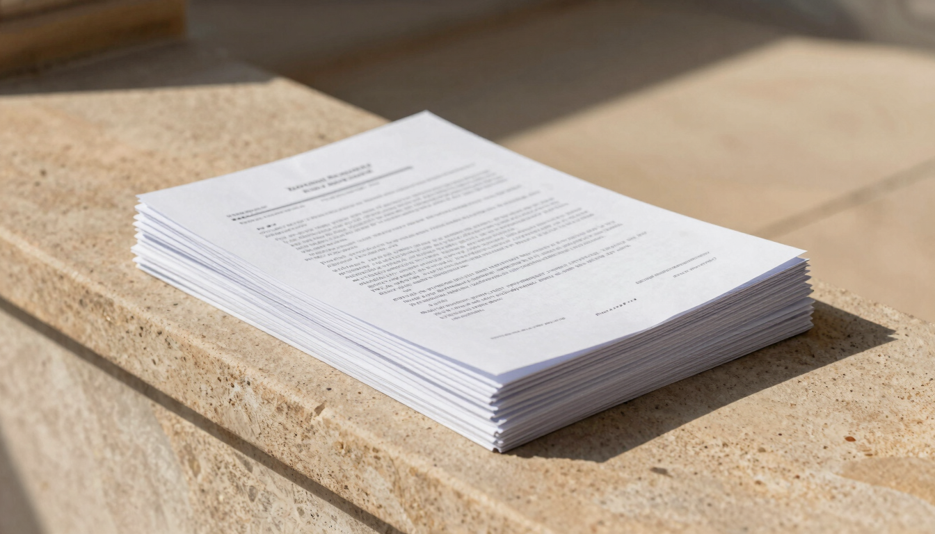 A stack of bound legal documents and land registry papers resting on a warm sandstone ledge, soft shadows, sharp focus, 35mm