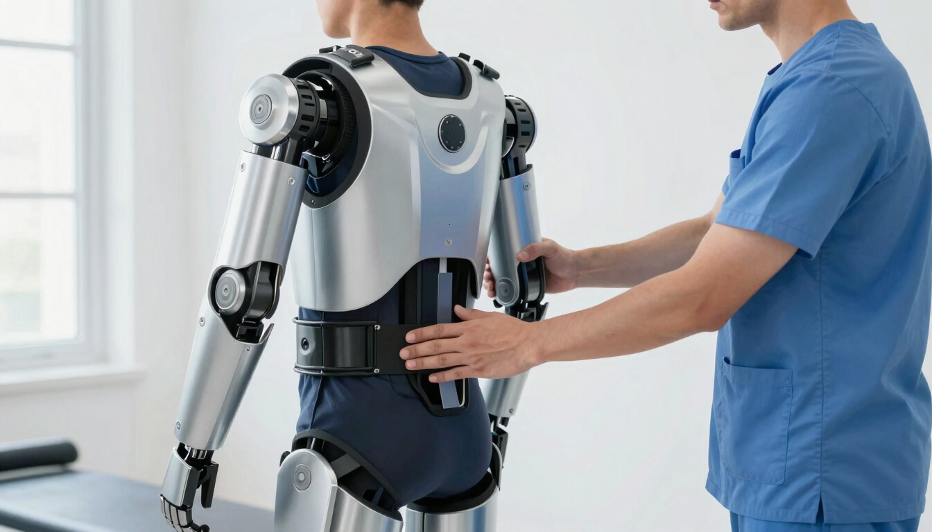 A patient in a clinical gym wearing a sleek robotic exoskeleton, guided by a physical therapist, soft clinical daylight, professional focus