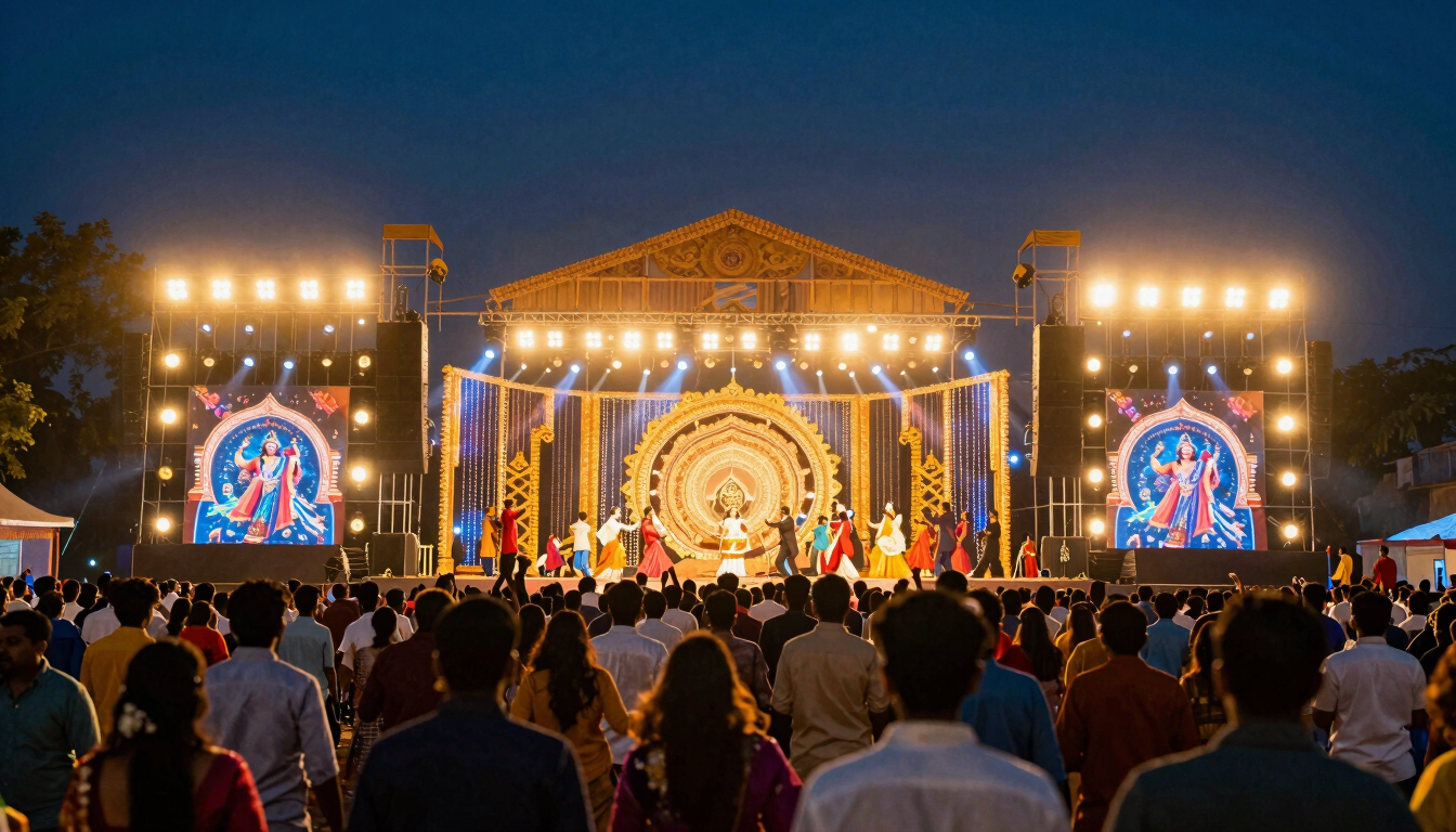 Vibrant festival crowd dancing under grand stage lights at Sachi Navratri, golden-hour festive glow, wide-angle cinematic editorial photography.