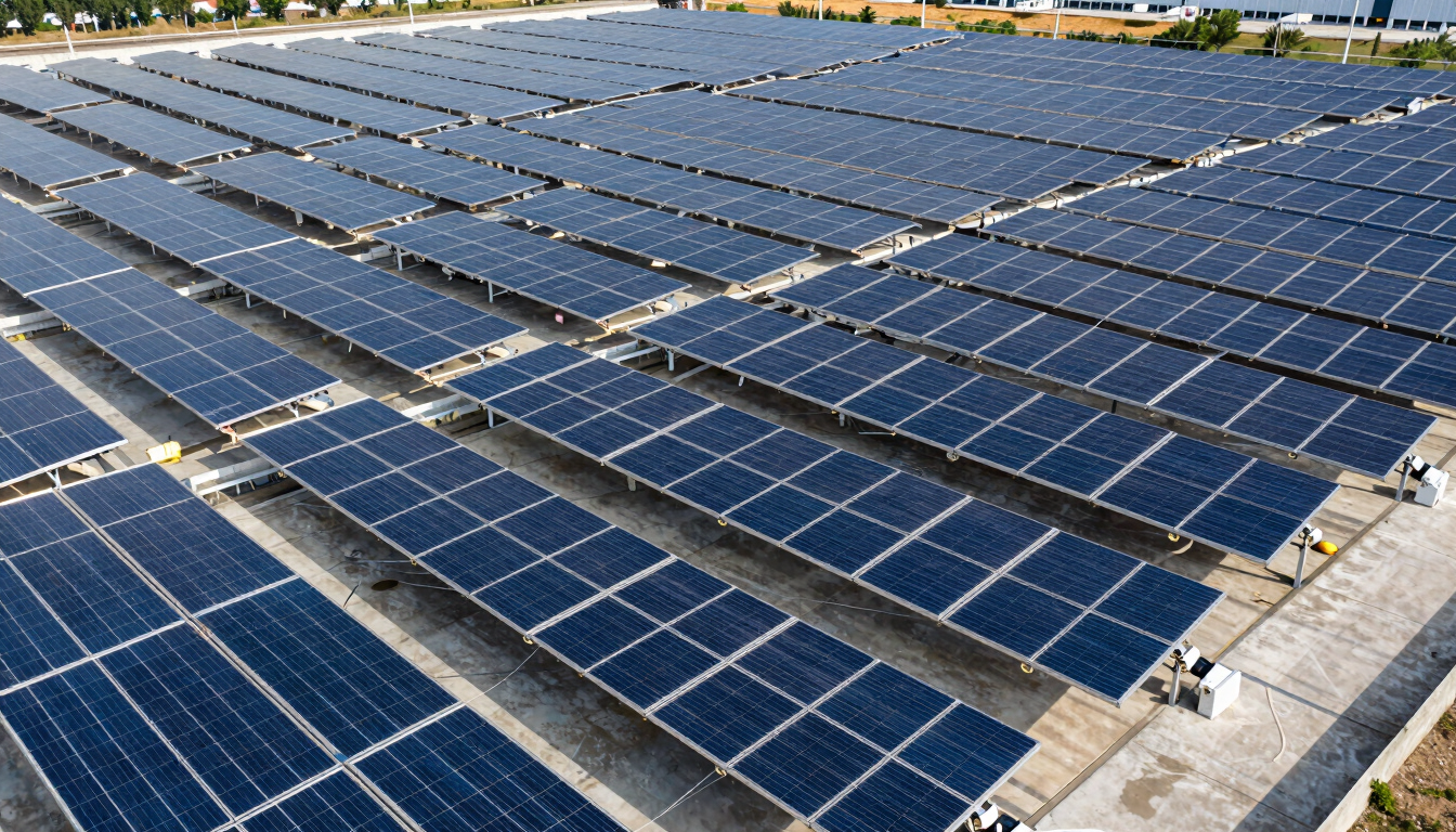 Wide architectural shot of a massive, perfectly aligned coplanar solar rooftop array on a Chakan factory under bright midday sun.