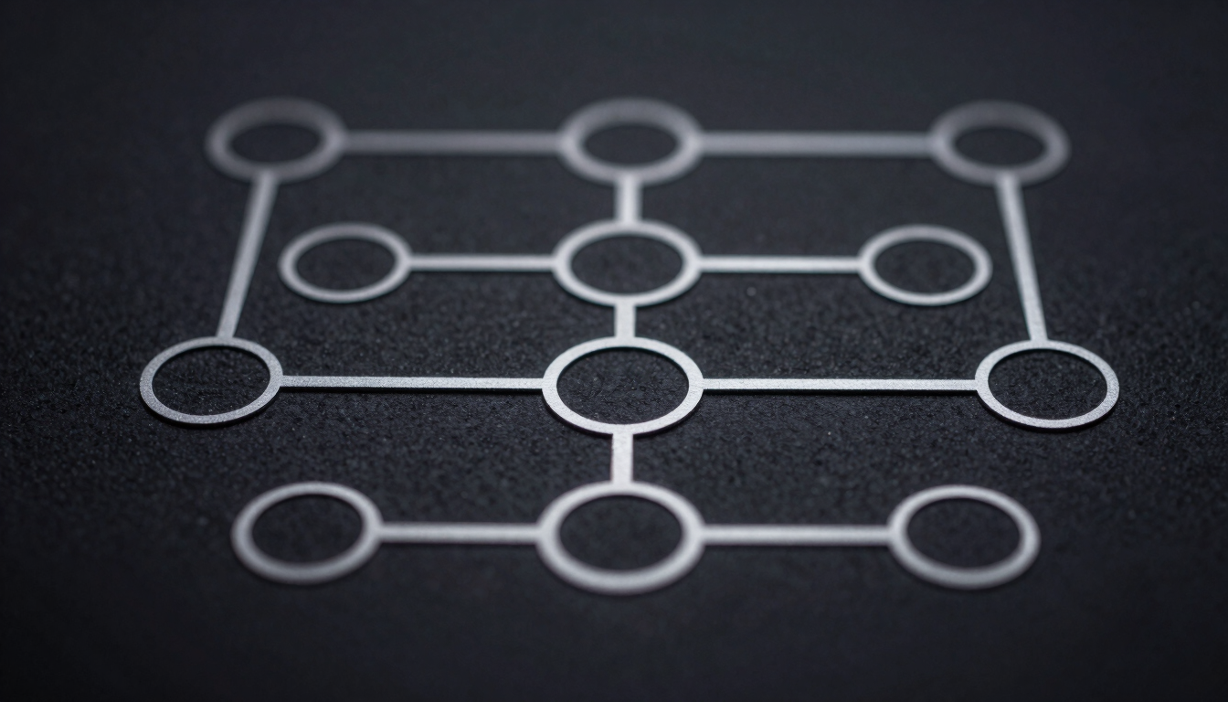 Macro crop of a clean node-based system diagram, silver lines on deep charcoal background, sharp focus, low-key lighting.