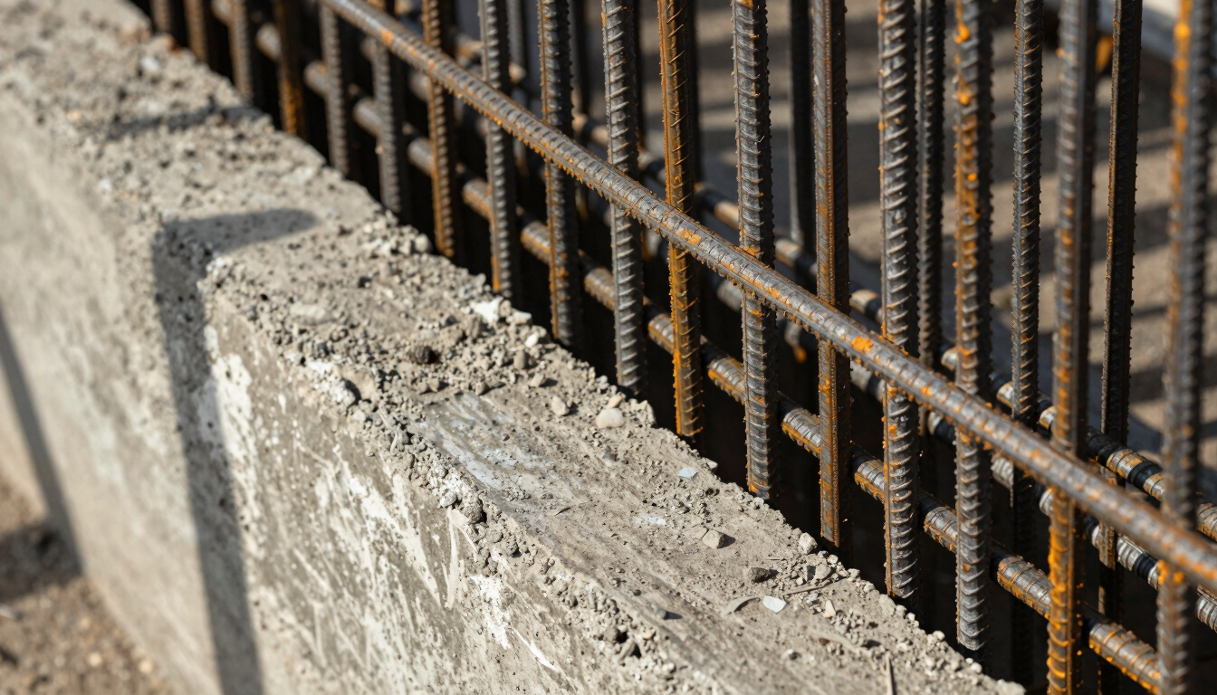 Macro architectural shot of high-grade Nigerian concrete curing around thick steel rebar, high-contrast natural West African sunlight highlighting the textured surface