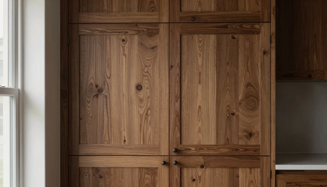 Straight-on architectural detail shot of finished kitchen cabinetry, perfect grain matching on dark oak wood, natural soft daylight streaming from the left, muted earthy tones, sharp focus