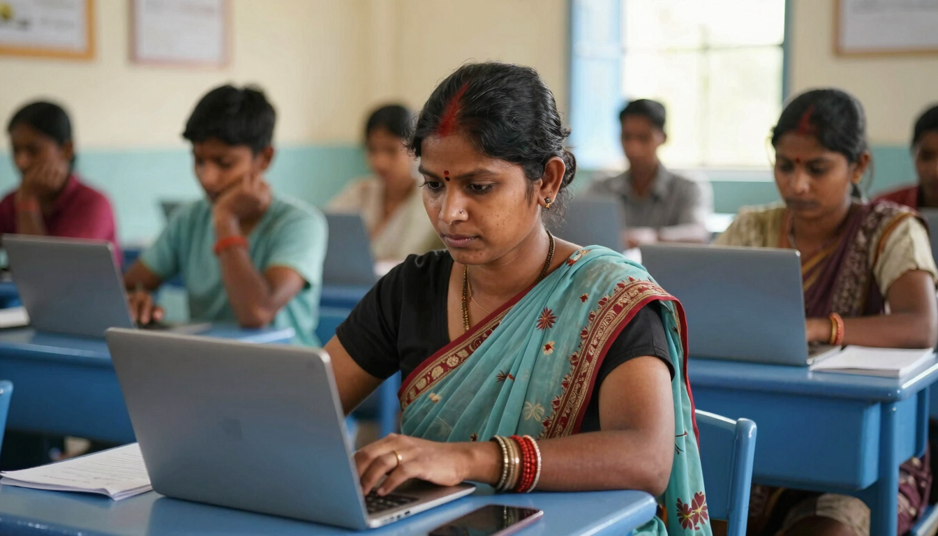 A focused portrait of a rural Indian woman in Bihar learning digital tools in a brightly lit classroom, warm natural daylight, soft blue accents, 35mm lens