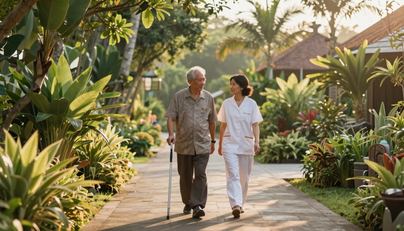 A wide landscape shot of a serene garden pathway at Amerta Care Bali, a therapist walking beside a resident holding a walking bar, warm golden hour light, lush Balinese foliage