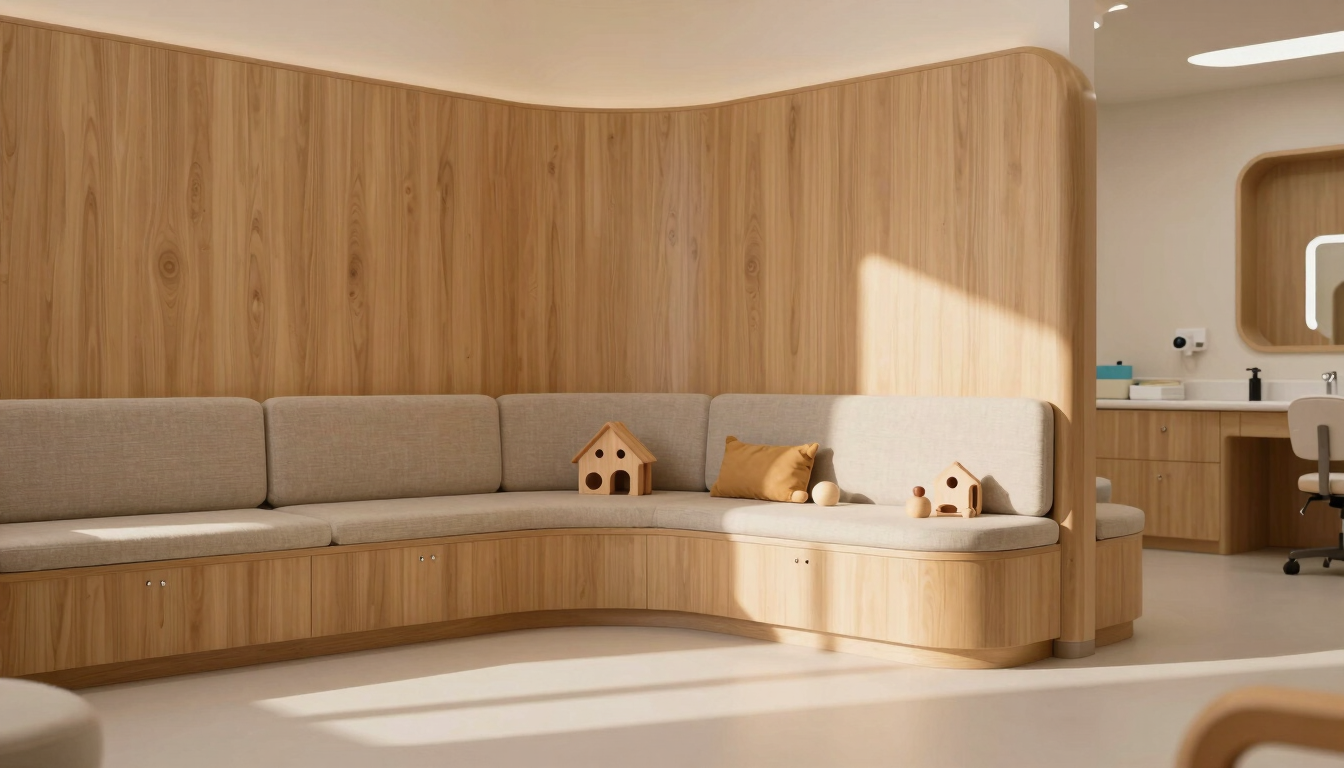 Wide panoramic view of a children's dental clinic corner with curved oak wood panels, soft beige textiles, and minimalist wooden toys bathed in warm morning light.