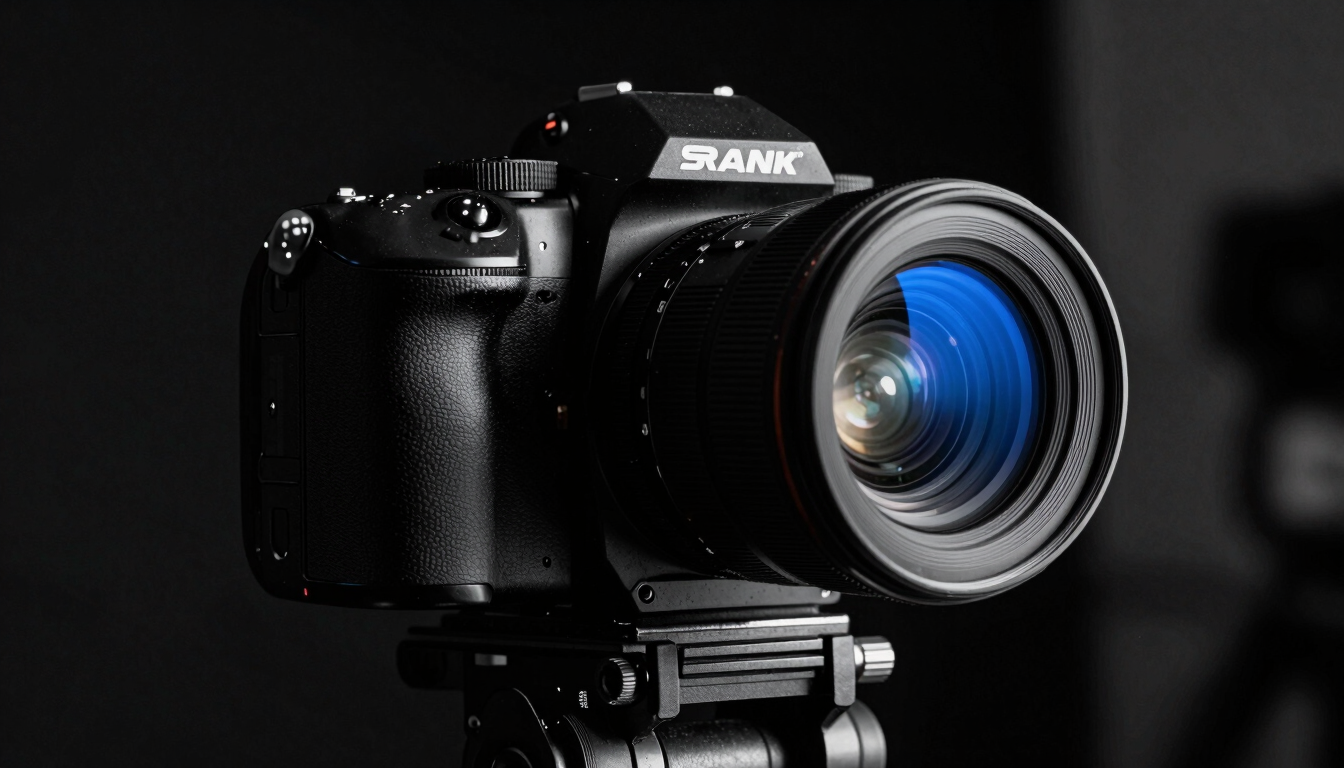 Stark high-contrast close-up of a modern camera rig in a dark studio, electric blue lens flare, raw backstage atmosphere