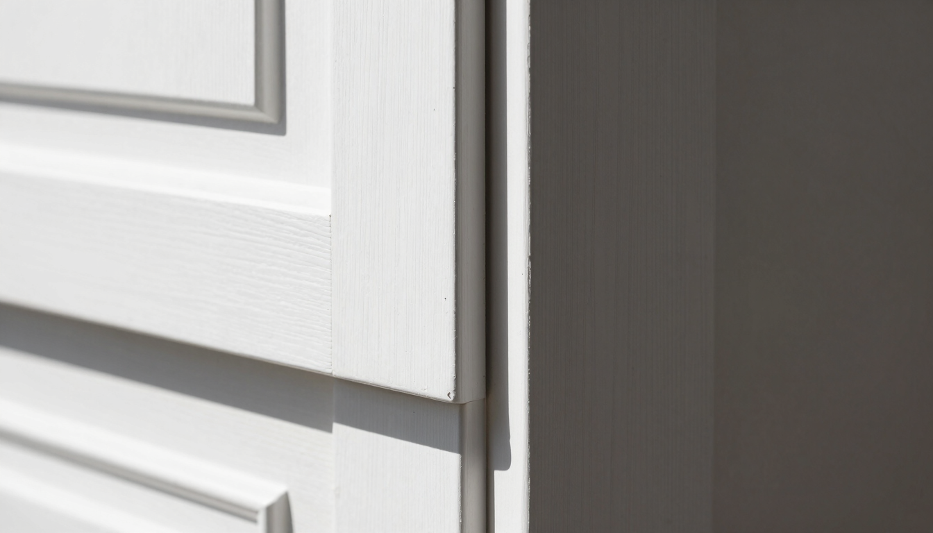 Extreme close-up of perfect miter joint in a white oak door casing, crisp architectural shadows, high-contrast minimalist background, 35mm
