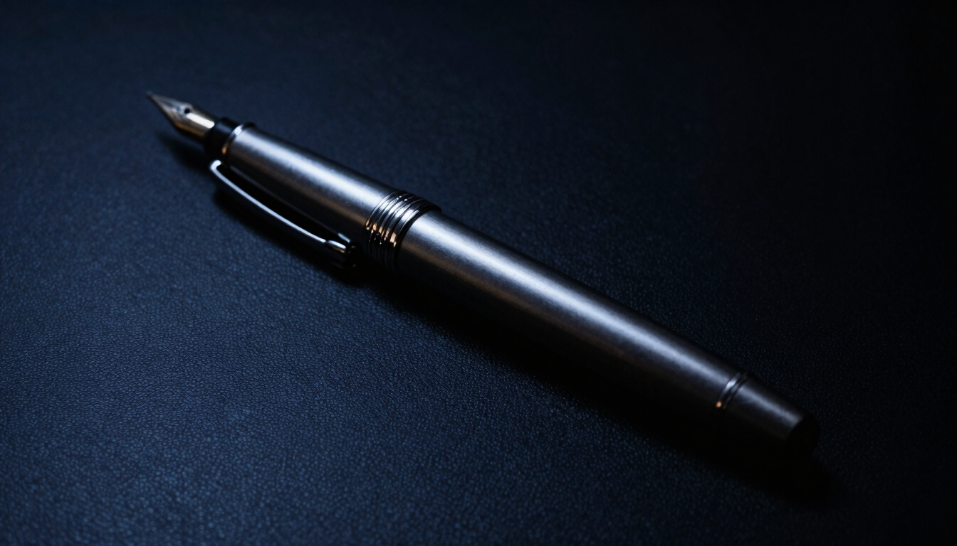 Dramatic close-up of a high-end silver fountain pen resting on a dark leather desk, low-key lighting, cool tones