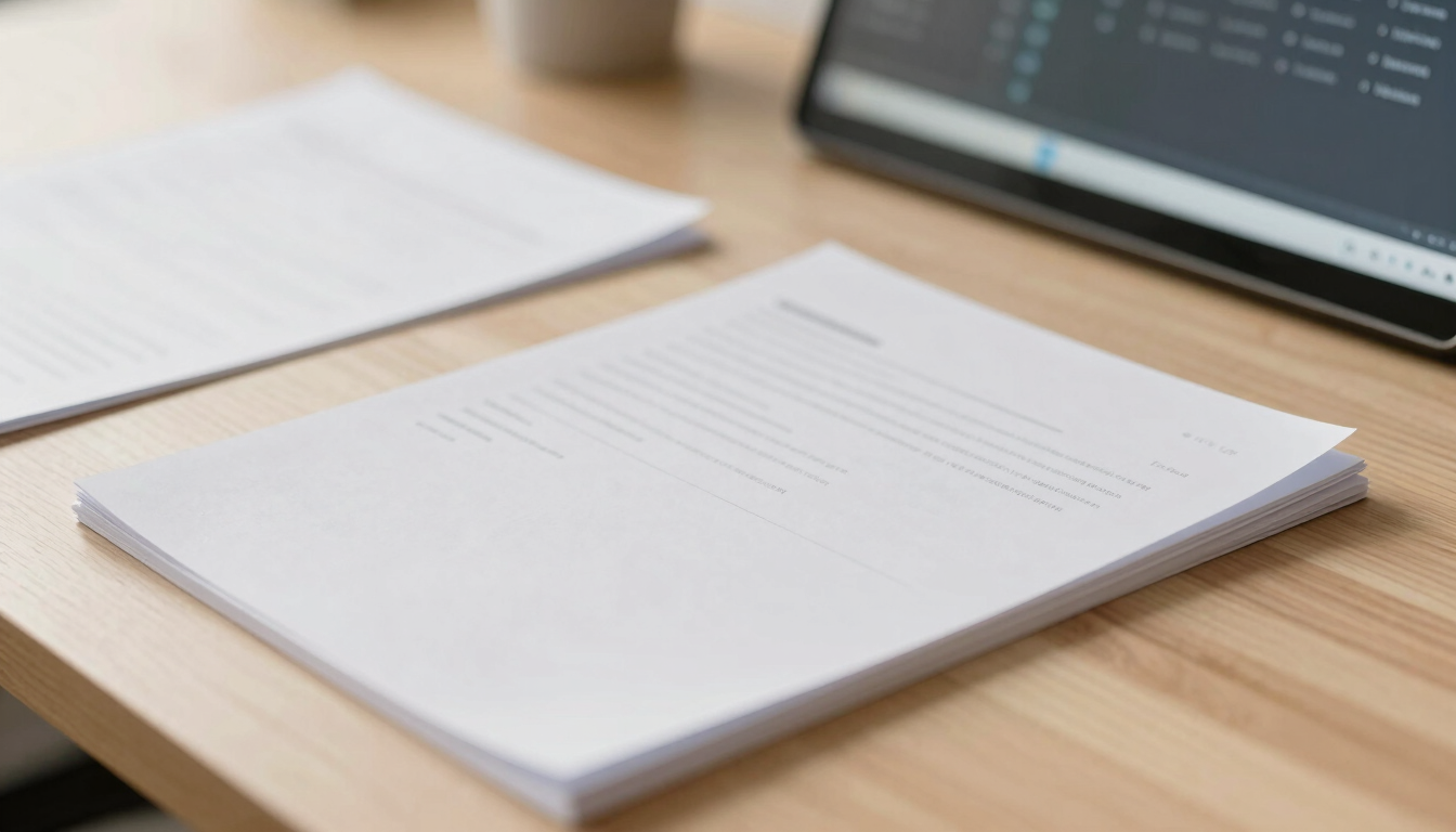 A close-up of neat paperwork and a modern software interface on a clean wooden desk, soft warm morning light, shallow depth of field, 35mm