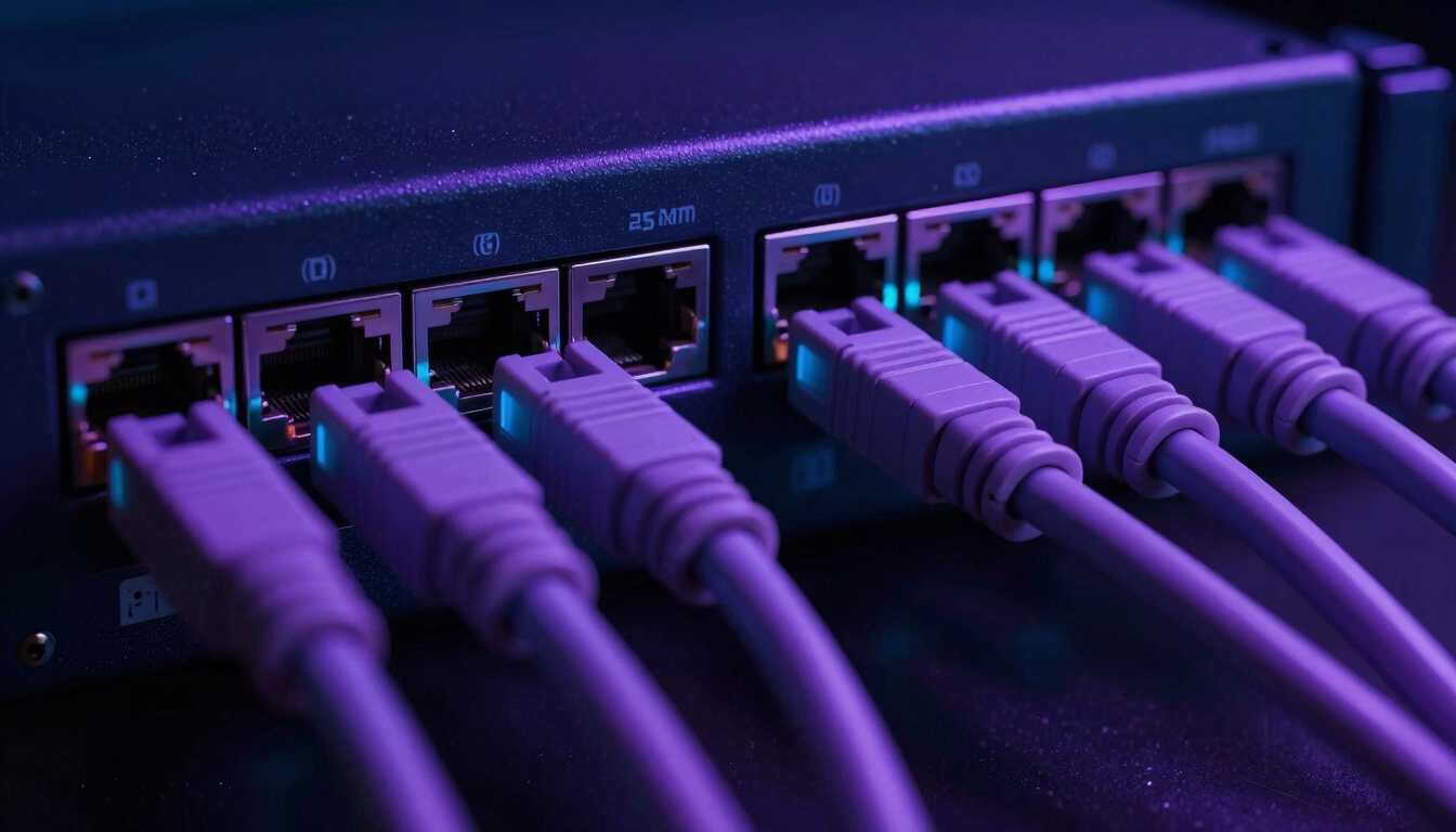 A close-up shot of an enterprise network switch with glowing ethernet ports and violet patch cables, dark high-contrast lighting.