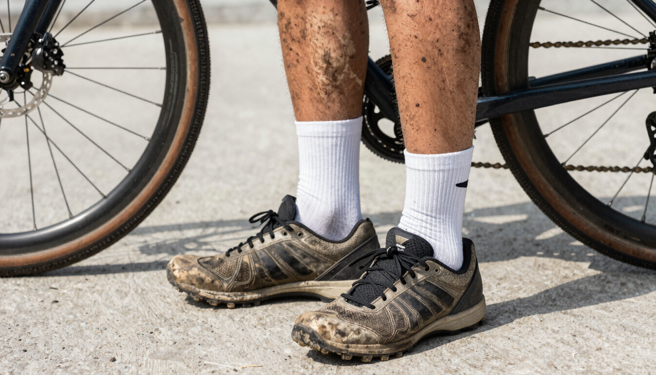 A close-up candid shot of a cyclist's dirty shins and scuffed sneakers resting on flat pedals, bright daylight, gritty concrete background