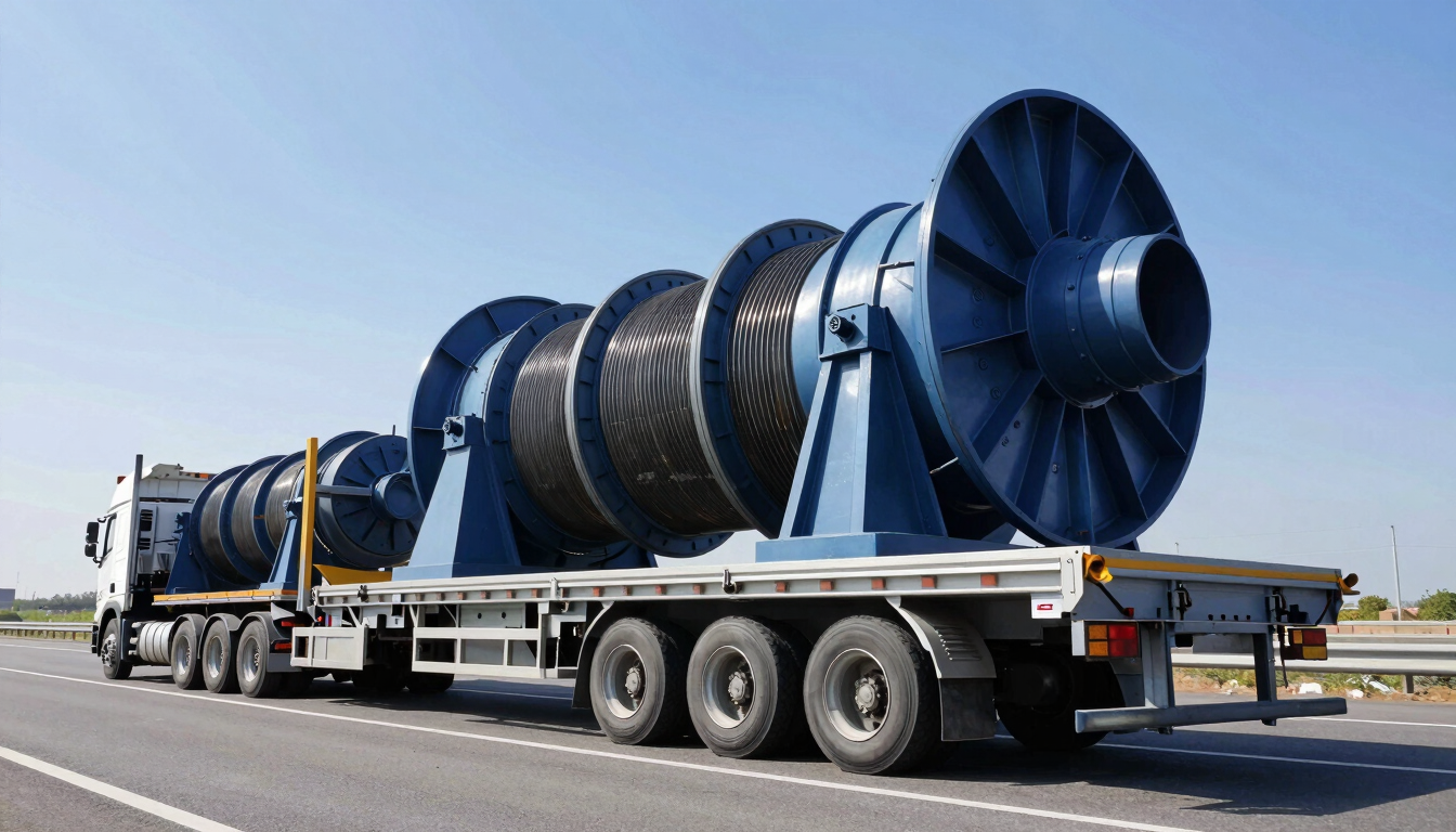 Low-angle dramatic shot of a multi-axle heavy transport trailer carrying a massive industrial turbine on a wide highway, bright daylight, steel blue tones