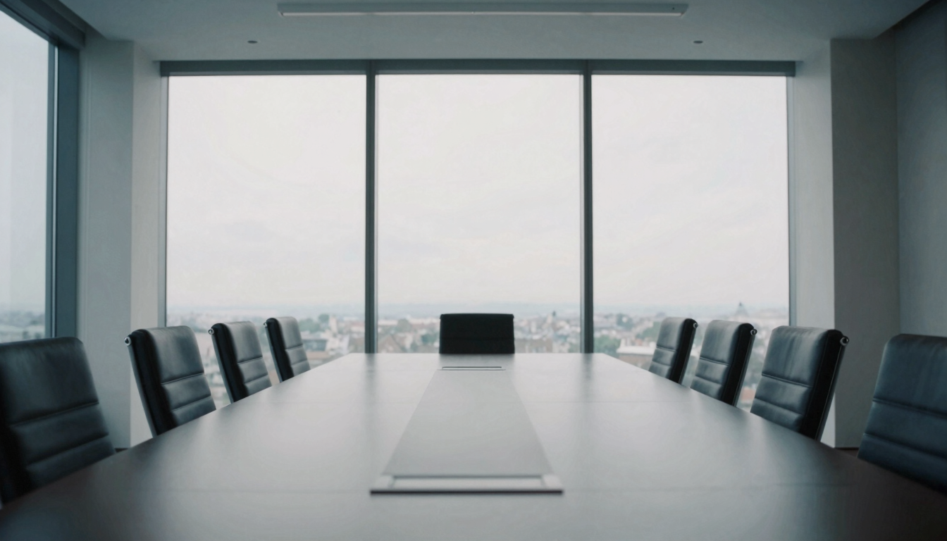 An empty high-end boardroom interior in Budapest, minimalist design, cool overcast daylight filtering through large windows, desaturated tones, 35mm