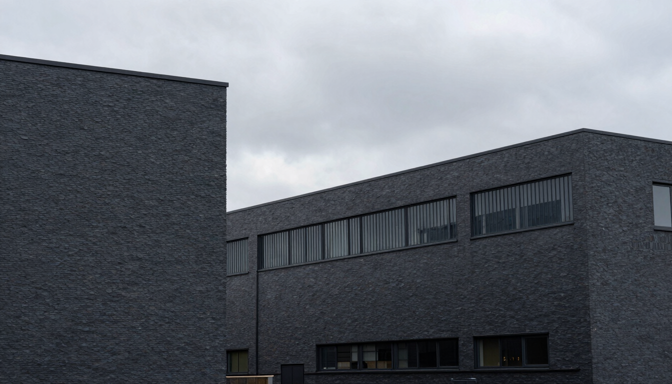 Stark architectural lines of Manchester industrial park buildings under overcast grey skies, high contrast, 35mm lens, sharp focus, industrial editorial style.