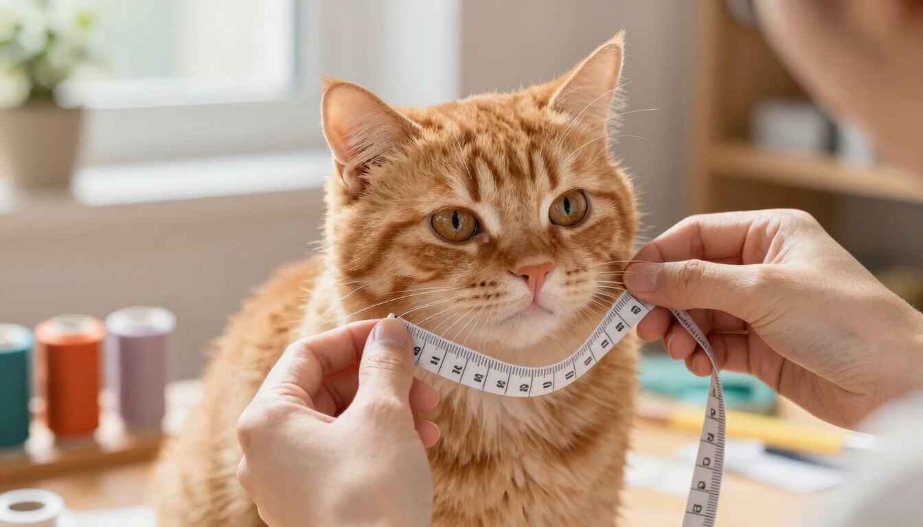 Close-up of hands holding a flexible sewing tape around a fluffy ginger cat's chest, bright natural daylight, warm and cozy workshop atmosphere