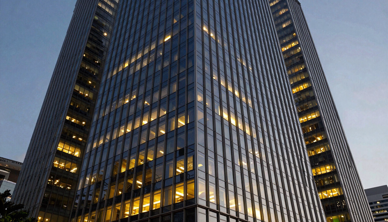 Singapore skyscraper at dusk, warm golden lights reflecting on glass, sophisticated corporate aesthetic.