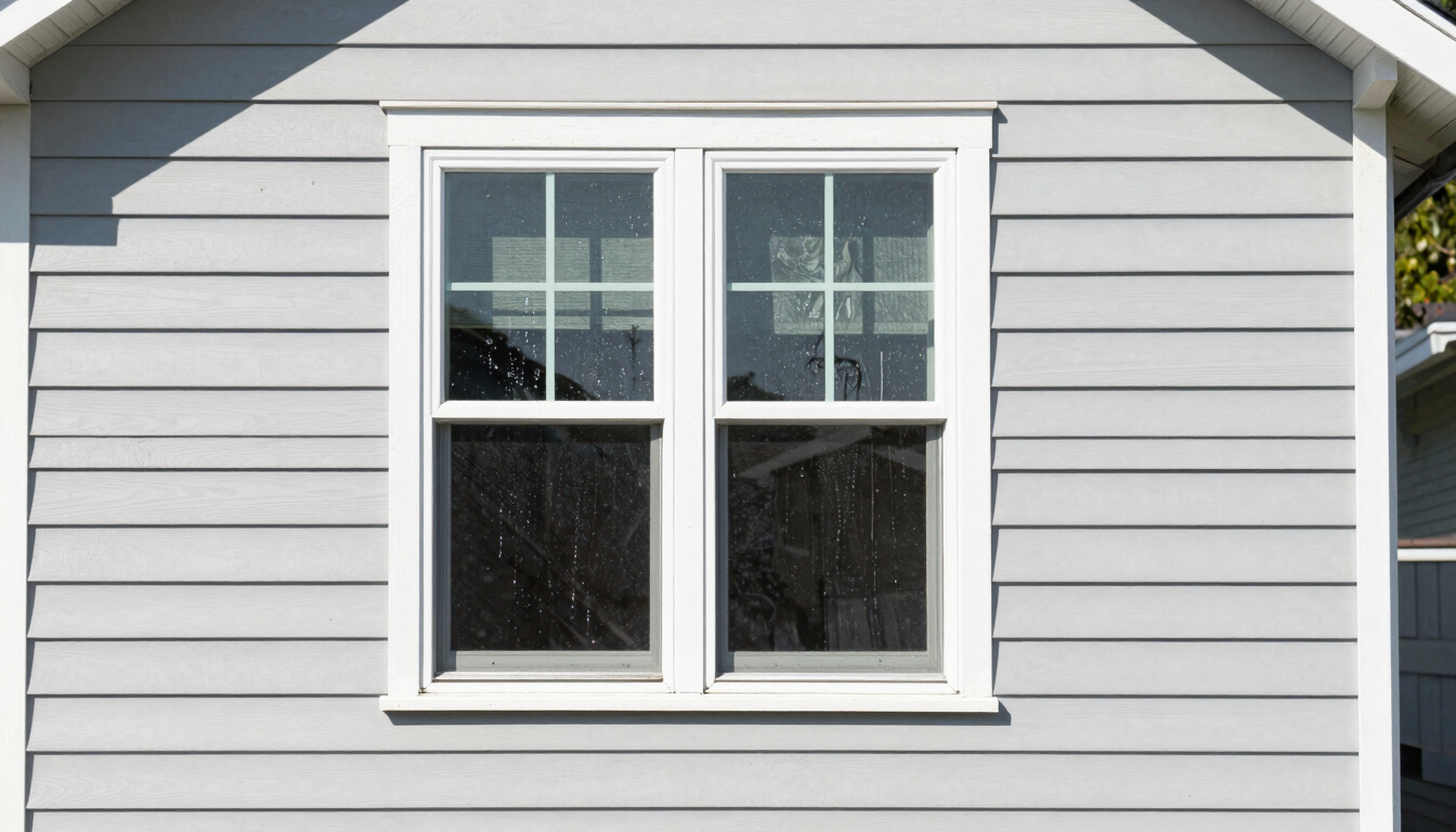 Bright crisp exterior photography of a pristine house with clean light grey siding and water drops glistening on a window under direct midday sunlight, sharp focus