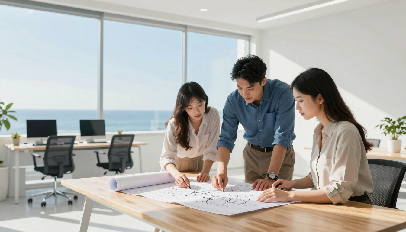 Bright open-plan office space with natural light, professional team reviewing a blueprint map on a clean wooden table, crisp morning sun, high-key