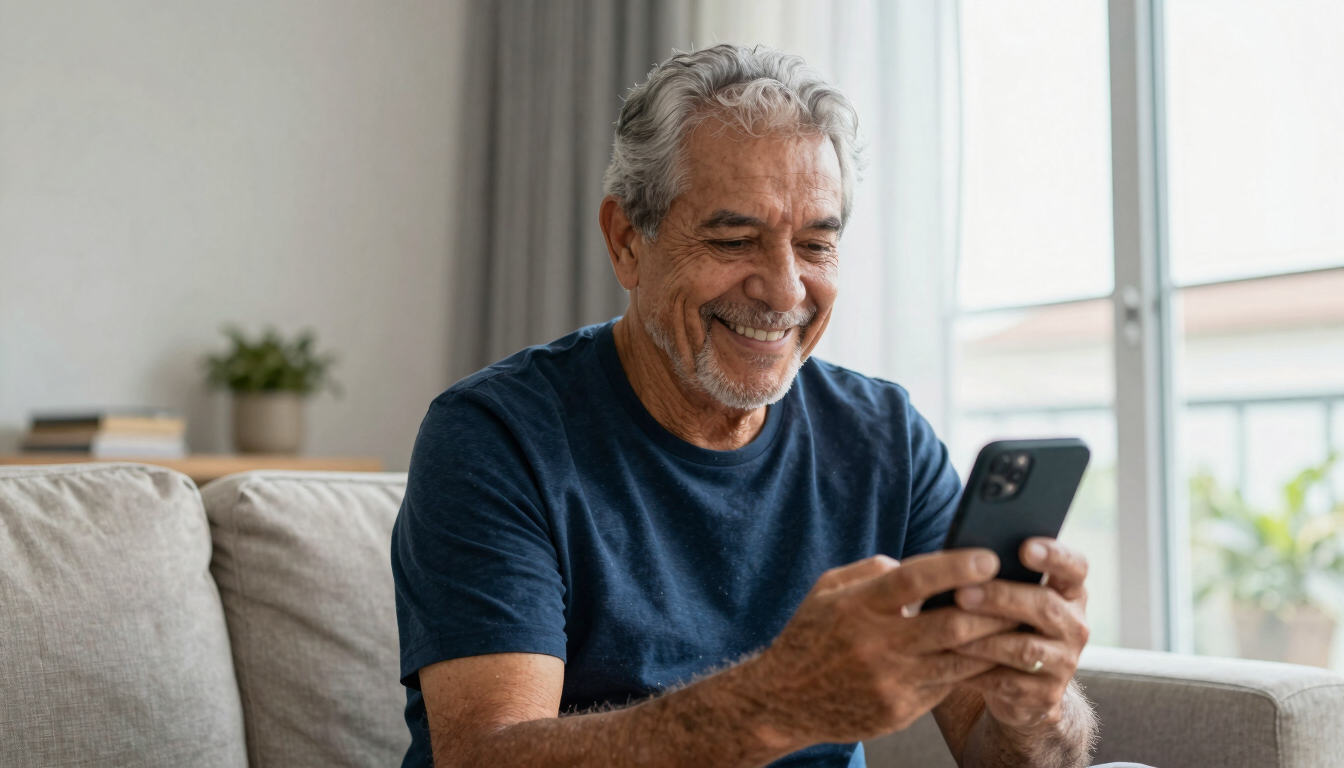 Dignified older Brazilian man smiling warmly while looking at his smartphone in a sunlit living room, soft natural window light, deep blue and soft white tones, 35mm lens, authentic editorial photography.