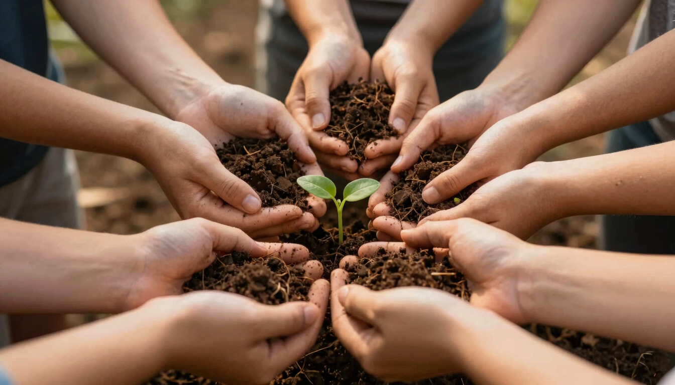 Close-up of diverse hands gently holding soil and a small green sprout, warm natural lighting, earthy textures
