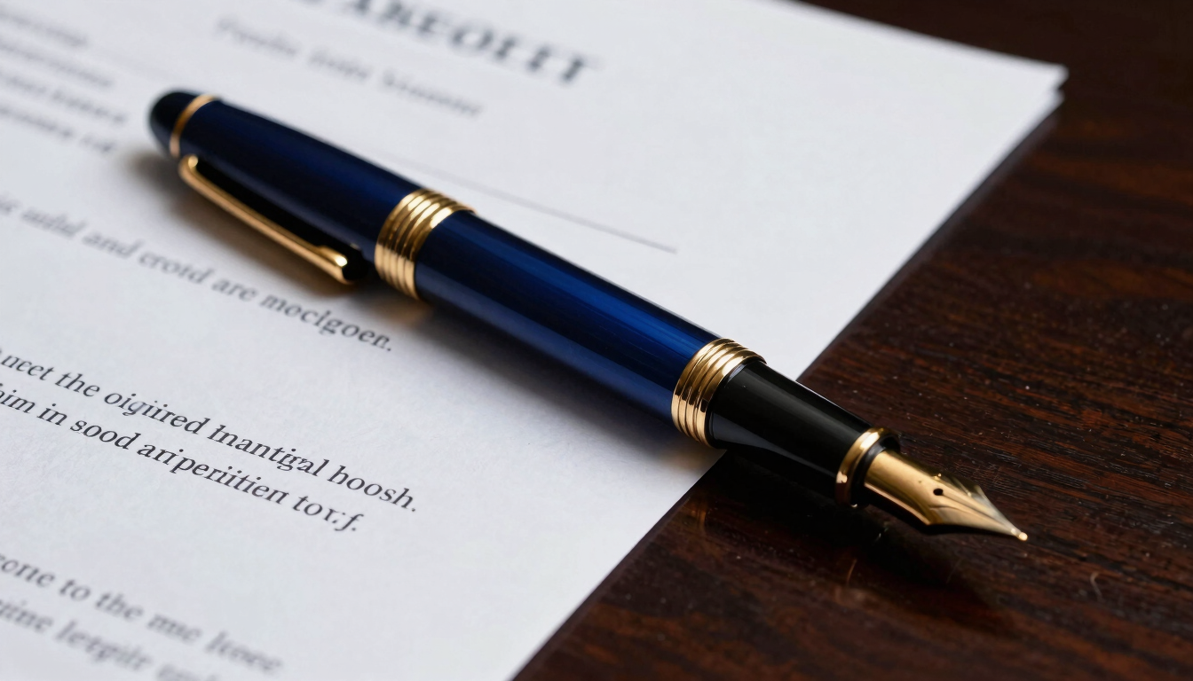 Close-up of a high-end fountain pen resting on signed legal documents, dark mahogany desk, dramatic side lighting with gold accents, 35mm