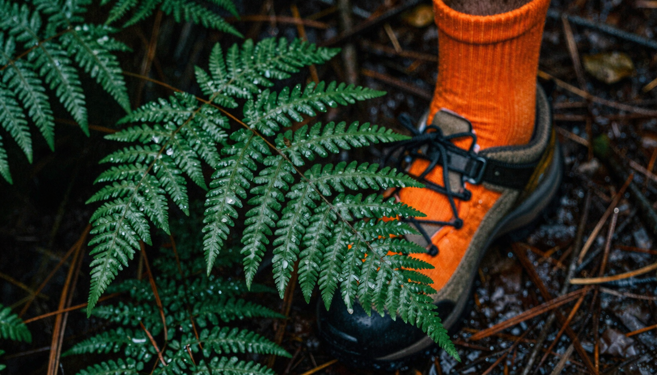 Macro shot of damp ferns and pine needles on a dark forest floor, safety orange hiking sock visible, moody overcast daylight, 35mm film