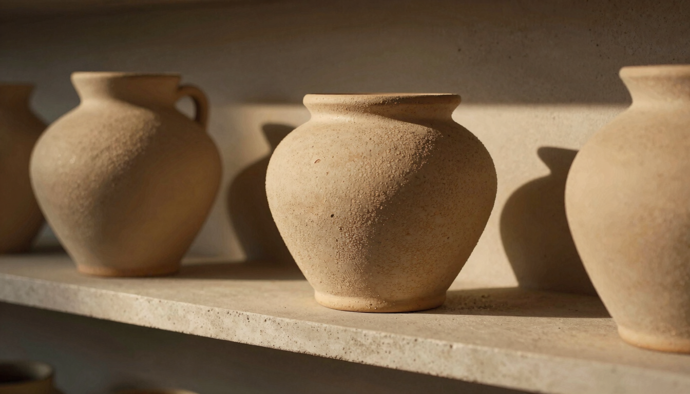 Close-up of textured South African ceramic vessels on a minimalist concrete shelf, warm low-angle golden hour light, soft shadows.