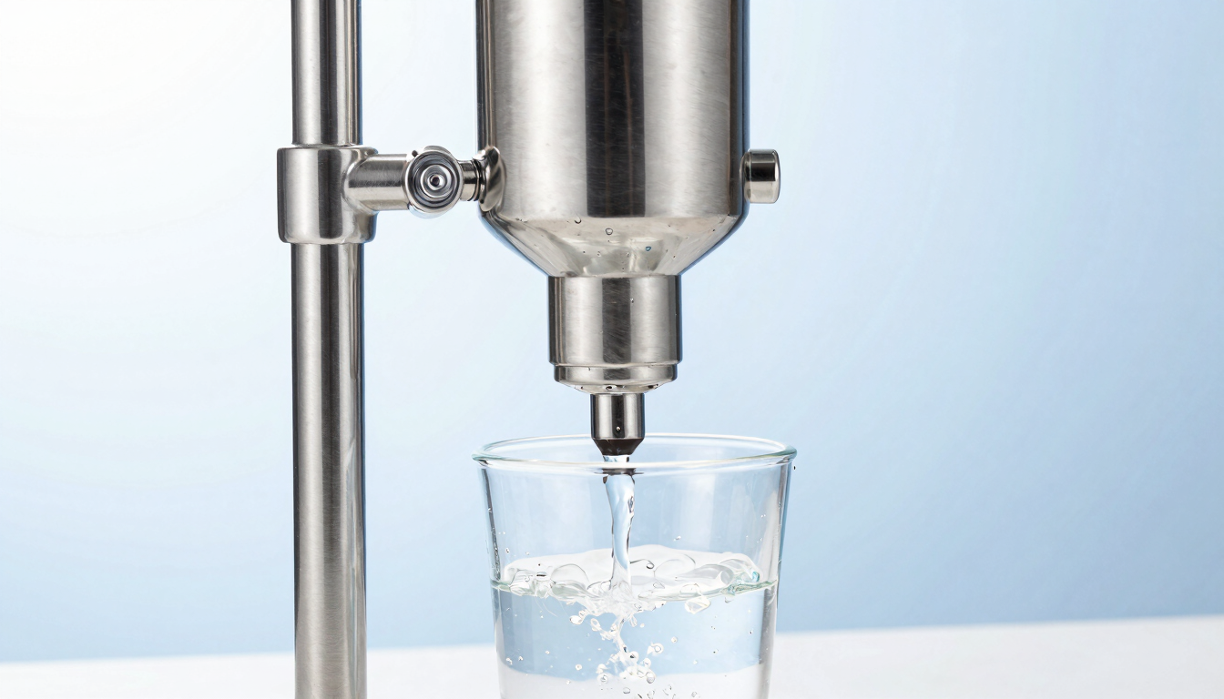 Crisp studio shot of a stainless steel gravity-fed water filtration system, water pouring into a clean glass, bright daylight, 50mm