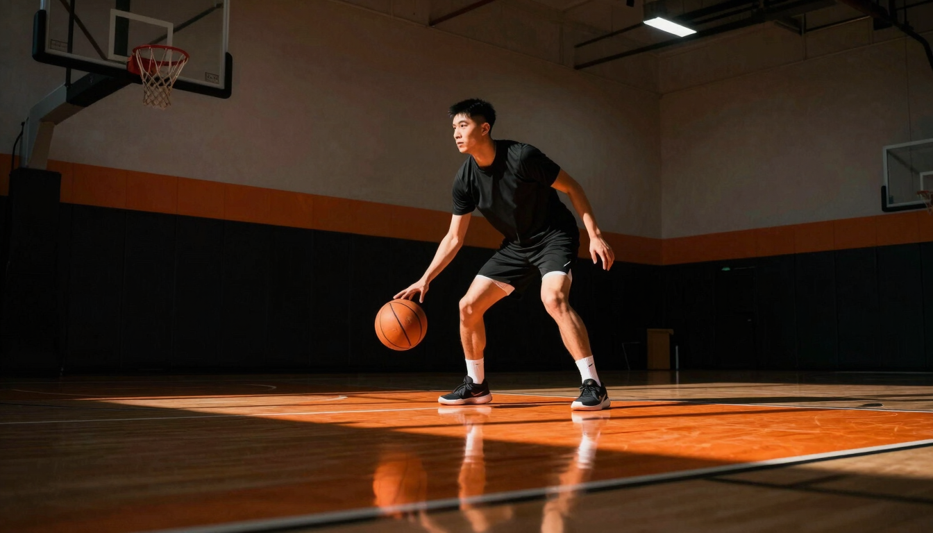 Gritty athletic photography, low-angle shot of a basketball player mid-drill under high-contrast indoor court lighting, deep shadows, orange reflections.