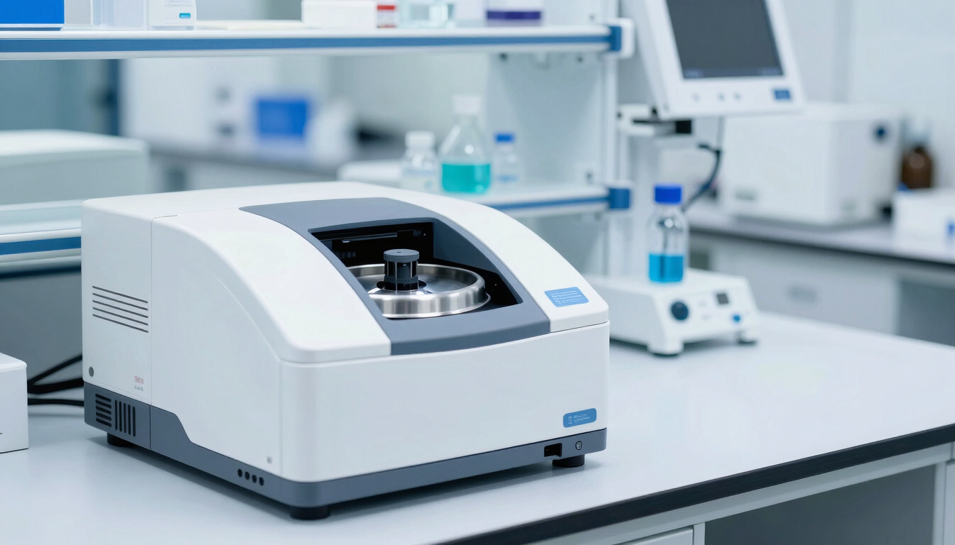 Wide organized laboratory bench with a modern high-throughput centrifuge machine, bright cool-toned white lighting, sterile slate blue and crisp clinical teal atmosphere, sharp focus, 35mm.