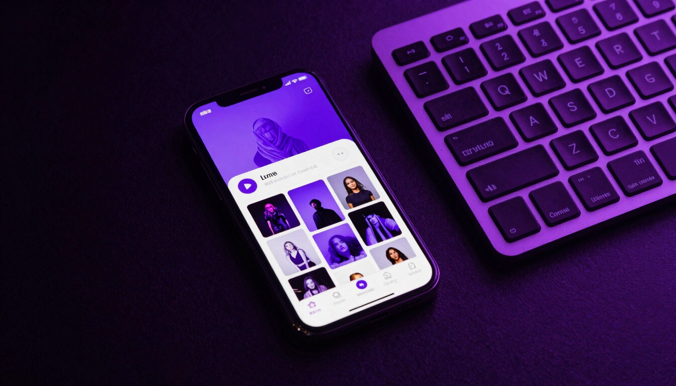 Overhead desk layout showing a modern workspace, a smartphone displaying a curated purple-themed social media grid next to a sleek keyboard, moody ultraviolet backlighting, high contrast.