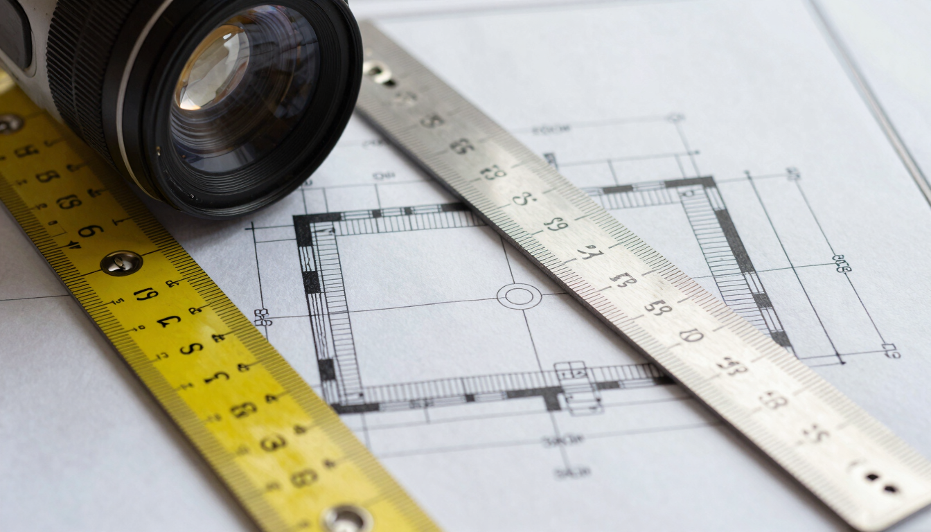 Macro flat-lay of architectural blueprint detailing Reflected Ceiling Plans, with a precision metal scale ruler and technical markup in yellow.