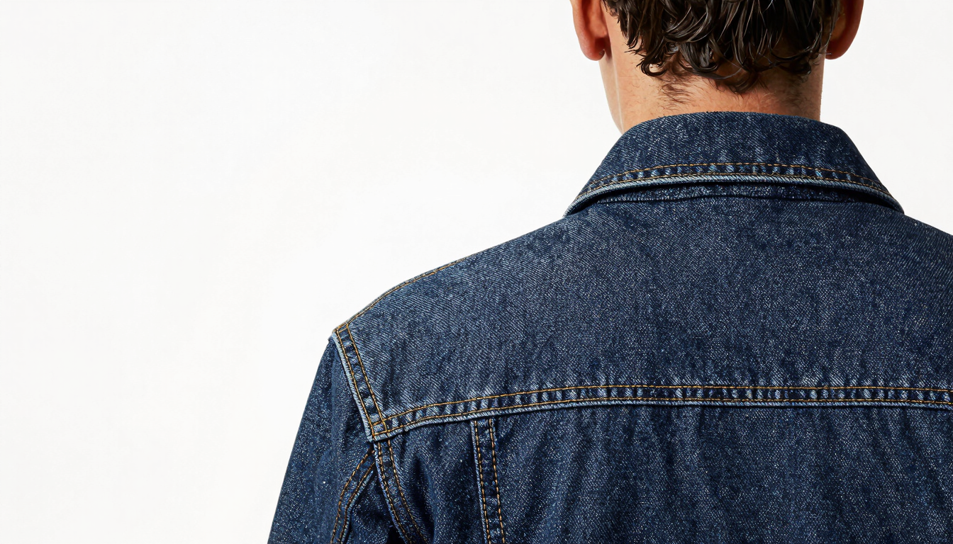 Professional quality control inspector examining a denim jacket under bright studio light, focusing on the collar seams, minimalist white background, 35mm