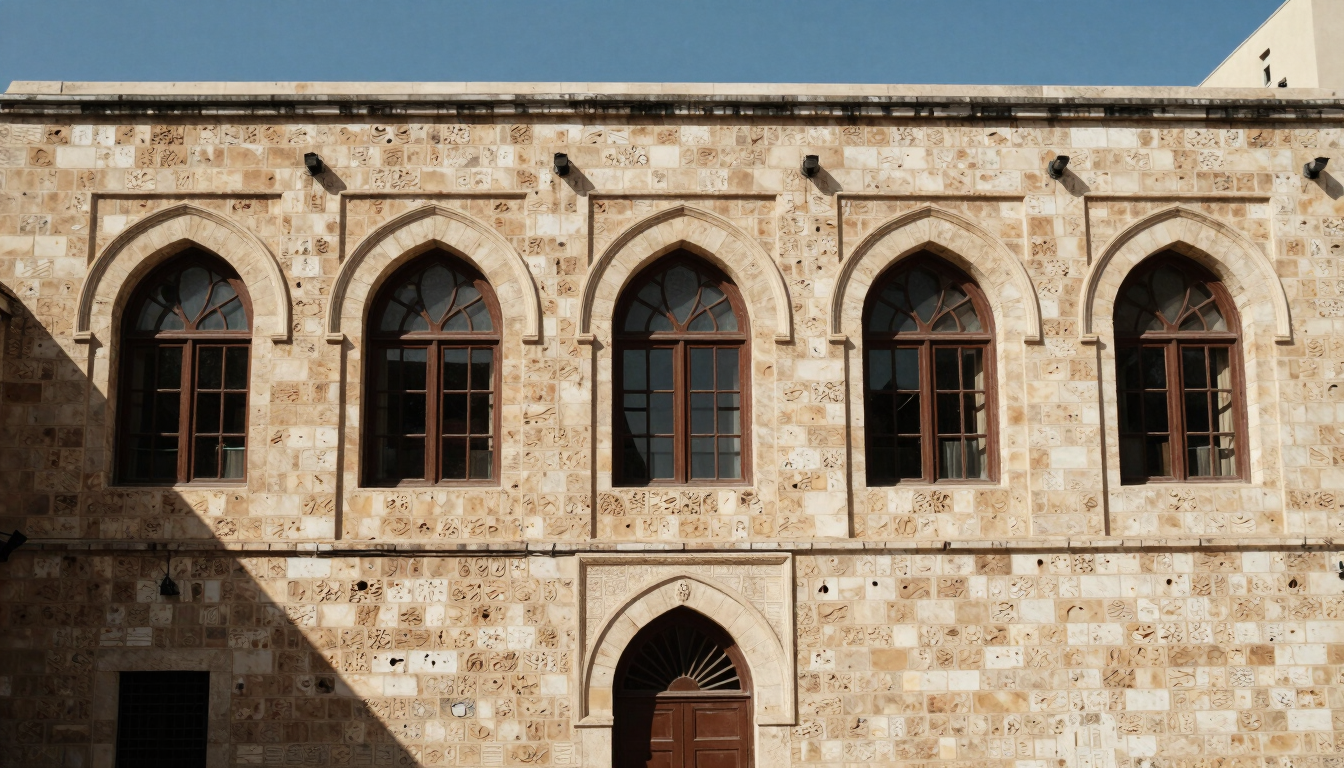 Wide view of authentic Lebanese stone architecture in Beirut, showcasing historic arched windows and textured stone facades under sharp natural daylight.