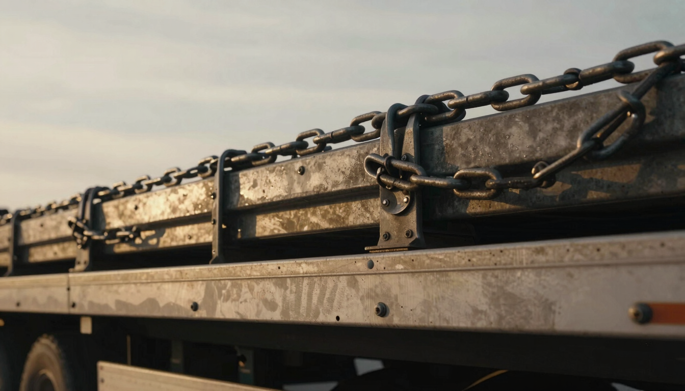 Close-up of heavy-duty steel rigging and secured cargo chains on a flatbed trailer, dramatic overcast lighting, gritty cinematic photography