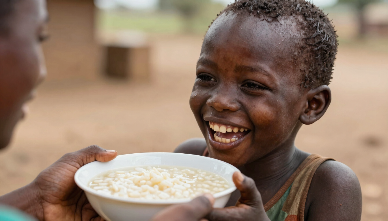 A close-up photograph of a young Ugandan child laughing while receiving a warm bowl of porridge, natural outdoor daylight, shallow depth of field.
