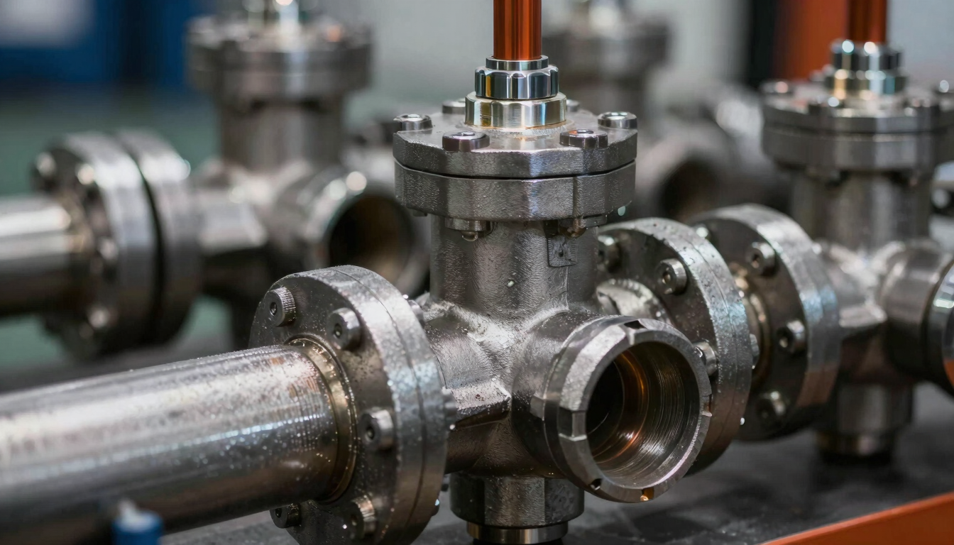 Close-up of industrial hydraulic valves and steel pipes, dramatic lighting with safety orange reflections, metallic textures, macro depth of field