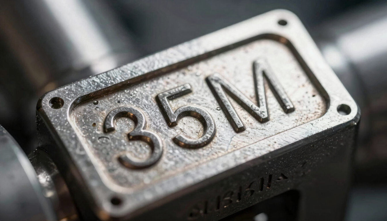 Macro close-up of a metallic machinery serial nameplate with stamped part numbers, dramatic industrial lighting, 35mm